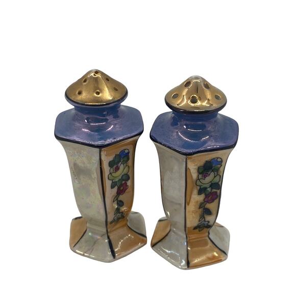 Japan Lusterware Salt & Pepper Shakers Handpainted Gilded Ornate Set Vintage - Picture 10 of 10